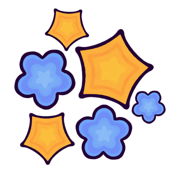 3 orange five-pointed star shapes and 3 bluish-purple five-petaled flower shapes, in various sizes and scattered randomly.